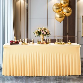 Besutolife Champagne Spandex Tablecloth 8ft Rectangle Table Skirt Stretch Table Cover for Banquets Parties Wedding Dining Table
