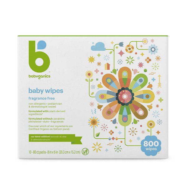 Babyganics Unscented Diaper Wipes, 800 Count, (10 Packs of 80), Non-Allergenic and formulated with Plant Derived Ingredients