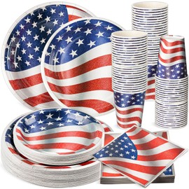 SiliFine 100 Pcs 4th of July Paper Plates Napkins Cups Set, Disposable American Flag 250th Party Supplies for 25 Guests, Red White Blue Patriotic Tableware for Independence Day(Metallic)