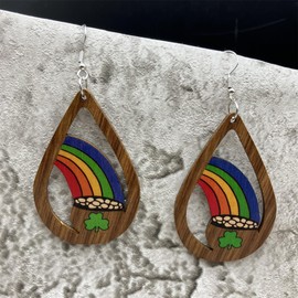 St Patrick's Day Wooden Earrings Irish Shamrock Dangle Earrings Green Clover Hat Horseshoe Drop Earrings Good Luck Jewelry-Rainbow