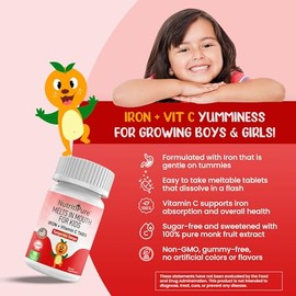 Kids Chewable Iron Supplement (Ferronyl/Carbonyl Iron 9 mg with Vitamin C 30 mg) Tablet in Tangerine Tango Orange Flavor 90 Count (1 Bottle)