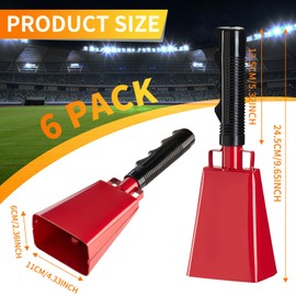 6 Pack Cowbells Noise Makers 10 Inch Cow Bell with Handles, Cheering Bells for Sporting Event, Cheering Noise Makers for Football Games, Concert, School Graduation, Party (10”, Red)