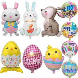 14 Pcs Easter Bunny Balloons, Happy Easter Foil Balloons Big Bunny Chicken Egg Shaped Mylar Foil Balloons for Home Baby Shower Spring Party Supplies