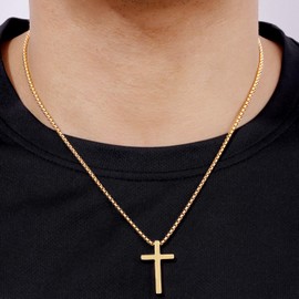 Fiusem 14k Gold Plated Mens Cross Necklaces, 2.5mm Cross Chain and Stainless Steel Cross Pendant Smallt, Box Chain 22 Inch