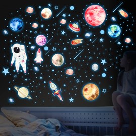 Yosemy Wall Sticker Luminous Sticker Astronaut Planet Luminous Stars Luminous Stickers Wall Sticker Luminous Stars Fluorescent Wall Sticker Sticker for Children's Room Decorative Stickers Blue