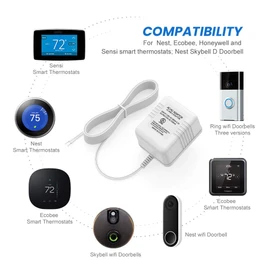 UL Certified Thermostat C Wire 24V Transformer, White Adapter Compatible with Honeywell, Nest, Emerson, Ecobee, Wyze Thermostat and Most Doorbells (26FT Power Cable)