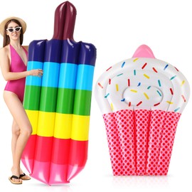 Libima 2 Pcs Giant Pool Floats Large Fruit Food Float Inflatable Pineapple Eggplant Watermelon Ice Lolly Cupcake Pizza Hot Dog Float Raft Summer Beach Swimming Pool(Colorful Ice Lolly, Cupcake)