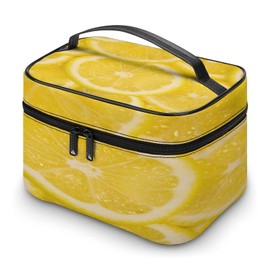 Xmkltbz Large Women Wash Bag, Cosmetic Organizer Train Toiletry Storage Case Holder Zipper Makeup Bag Pouch 9.8x7.5x5.9 in Print Fresh Yellow Lemons Juicy Slices Texture
