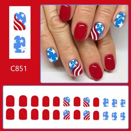 Independence Day Press on Nails Short Square Artificial Nails with Red Blue American Flag Glossy Red False Nails Stars Stick on Nails Full Cover 4th of July Fake Nails for Women Girls Manicure 24Pcs