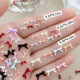 WOKOTO 150 Pcs 3D Bow Nail Charms for Acrylic Nails, Mixed Colored Nail Bow Charms for Nails Gems and Rhinestones, 3 Size Multicolored Bow Tie Nail Charms and Gems 3D Bows for Nails DIY Decoration