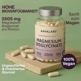 Magnesium Glycinat Hochdosiert 2505mg | 300mg Elementares Magnesium Hochdosiert Kapseln Vegan - Ungepuffertes Magnesiumglycinat Chelat - 180 Bisglycinat Kapseln