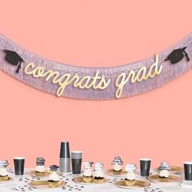 xo, Fetti Congrats Grad Fringe Banner - Gold Foil & Silver Iridescent, 5.5 Ft. | Graduation Cap Decoration, College Ceremony Sign, High School Party Photoshoot Backdrop