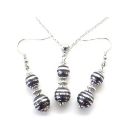 Stainless steel necklace and earrings set with black and chrome Hematite beads pendant and Tibetan beads