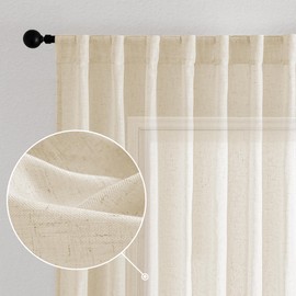 Novecozy Natural Linen Beige Semi Sheer Curtains 42 x 63 Inch Long 2 Panels Set for Bedroom Living Room, Backtab Rod Pocket Farmhouse Boho Linen Textured Light Filtering Window Drapes, Beige