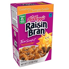 Kellogg's Raisin Bran, Breakfast Cereal, Original, Excellent Source of Fiber, Single Serve, 1.52 oz Box(Pack of 70)