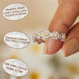 MILACOLATO 925 Sterling Silver Ring 18K Gold Plated Daisy Flower Rings High Polished Sunflower Stacking Statement Wedding Band Ring for Women Comfort Fit Size 8