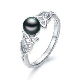 KANNSOAR Tahitian Black Pearl 7MM AAAA 18K White Gold Plated Sterling Silver Celtic Knot Rings for Women Wife Mom Girlfriend Valentine Jewelry Gift for Mother Day Wedding Anniversary Her Birthday 8#