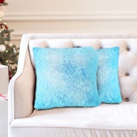 Bustlwor Pack of 2 Artificial Fur Cuddly Cushions, Faux Fur Cushion, Plush Cushion Cover with Fluffy, for Sofa, Chair, Living Room (Blue, 45 x 45 cm)