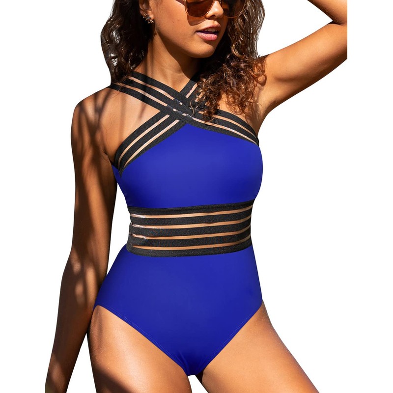Hilor Women's One Piece Swimwear Front Crossover Swimsuits Hollow Bathing