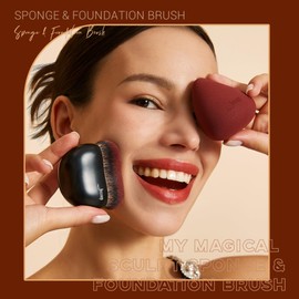 Jessup Brush Foundation Brush with Makeup Sponge Black Makeup Brush with Flat Top Kabuki Brush for Liquid Blending Stippling T881