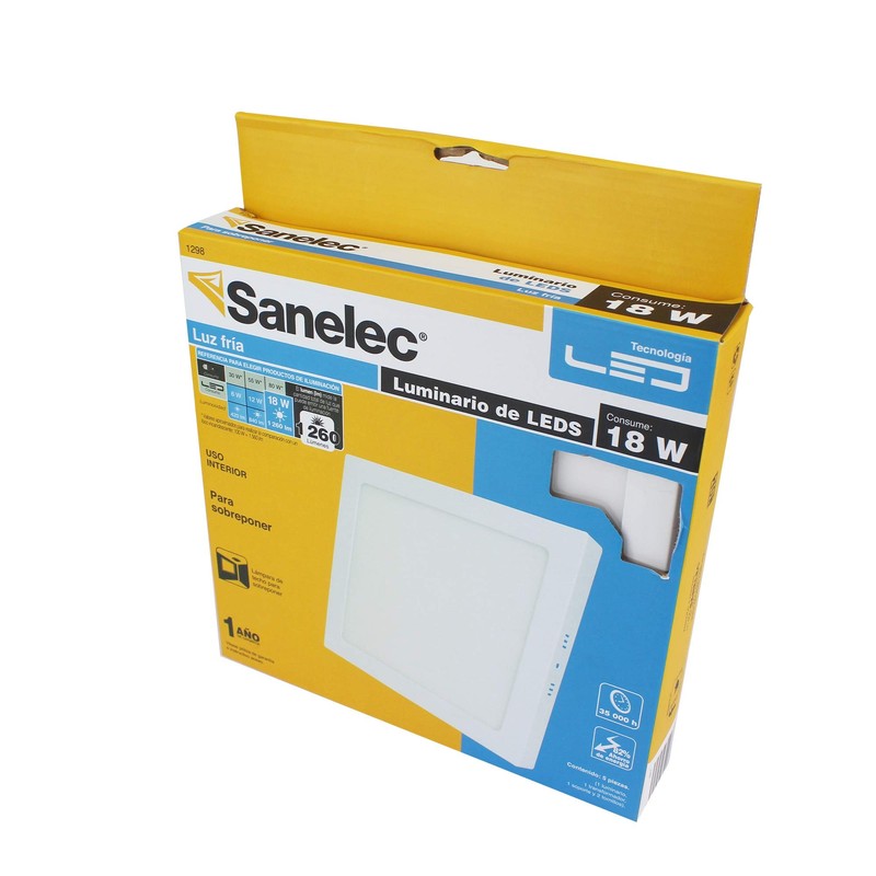 Sanelec 1298 Lámpara Cuadrada de Sobreponer, 18 W, Luz Fría