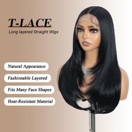 NOBLE Black Straight Layered Wig 24 inch 13×4×1 Lace Front Wigs Middle Part Blowout Long Hair Style Wigs For Daily Use.