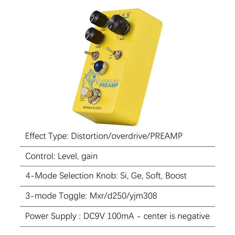 MOSKYAudio Distortion/Overdrive/Preamp Guitar Effect Pedal 4 Mode Switch & Level/Gain