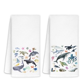 JINYO Ocean Animals Beach Kitchen Towels Set of 2, Whale Shark Hand Towels for Bathroom, Ocean Gifts Dish Towels Tea Towels for Kitchen, Beach Bathroom Decor, 16x24 Inch