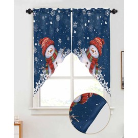 BEMIGO Christmas Kitchen Window Swag Curtains - Blue Cute Snowman Farmhouse Valance for Kitchen Bedroom, Snowflake Rod Pocket Over Sink 36" x 36",2 Panels