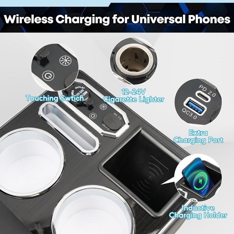 CEMOFE Upgraded Center Console, Wireless Charging Phone Holder & Cup