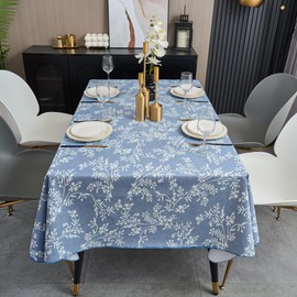 LIBERECOO Vinyl Tablecloth with Flannel Backing –Indigo Botanical Charm, Waterproof, Wipeable, Durable Table Cover – 4 Colors (Light Wash Denim, 54" x 54")