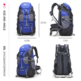 Bseash 50L Hiking Backpack, Water Resistant Lightweight Outdoor Sport Daypack Travel Bag for Camping Climbing Touring (Blue - No Shoe Compartment)