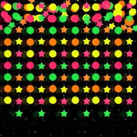 52ft Neon Star Circle Dot Garland 4Pcs Circle Dots Stars Glow Party Paper Streamers Hanging Decorations for Black Light Glow Party Birthday Decor