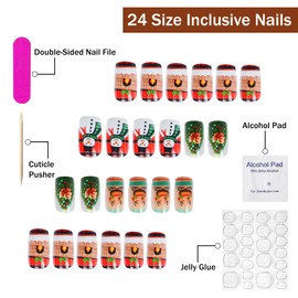 Christmas Press on Nails Medium Square SWEKKE Fake Nails Winter False Nails with Designs Snowman Christmas Tree Reindeer Glossy Glue on Nails Xmas Acrylic Nails for Women Girls 24 Pcs