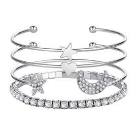 Prosy Multilayer Star Open Bangle Bracelets Set Crescent Moon Bead Fantasy Beads Hand Accessories Jewellery Adjustable for Women and Girls (Silver)