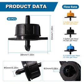 VooGenzek 50 PCS 1 GPH Pressure Compensating Dripper, 1/4 Inch Plastic Irrigation Drip Emitters, Garden Watering Irrigation Emitter, for Garden Lawn Drip Irrigation, 4L