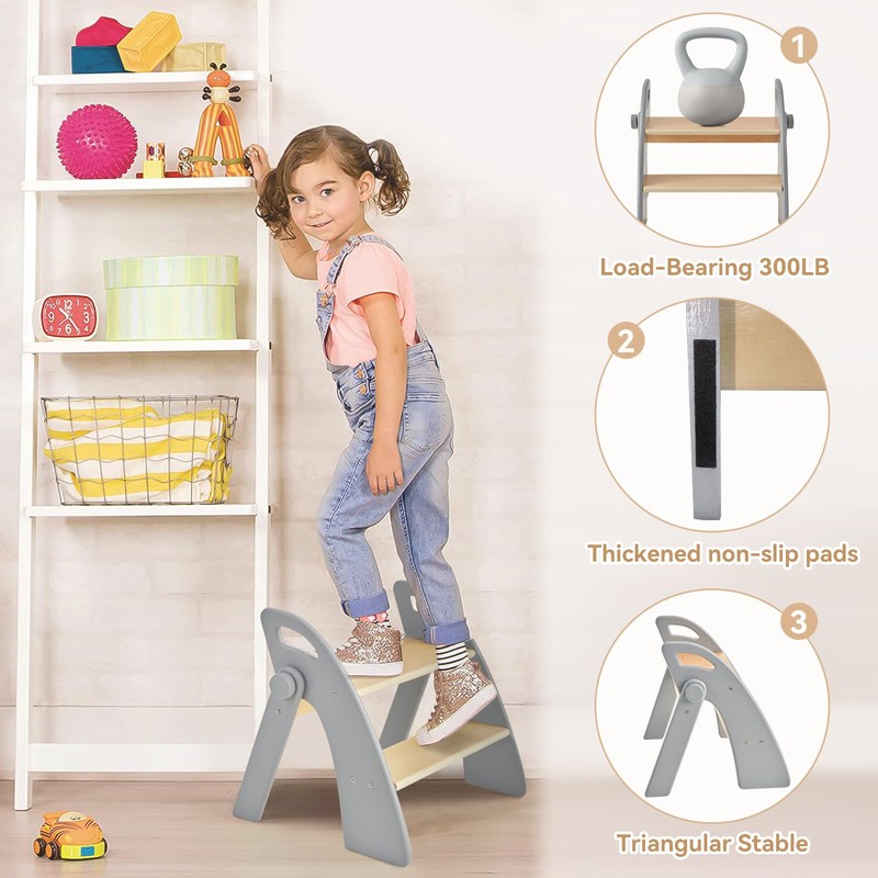 Wooden 2 Step Stool for Kids Bathroom Sink Foldable Anti-Slip