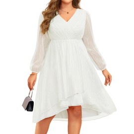 Talisea Plus Size White Dress Formal Bridal Shower Cocktail Wedding Fall Long Sleeve A Line V Neck Midi Dresses for Curvy Women