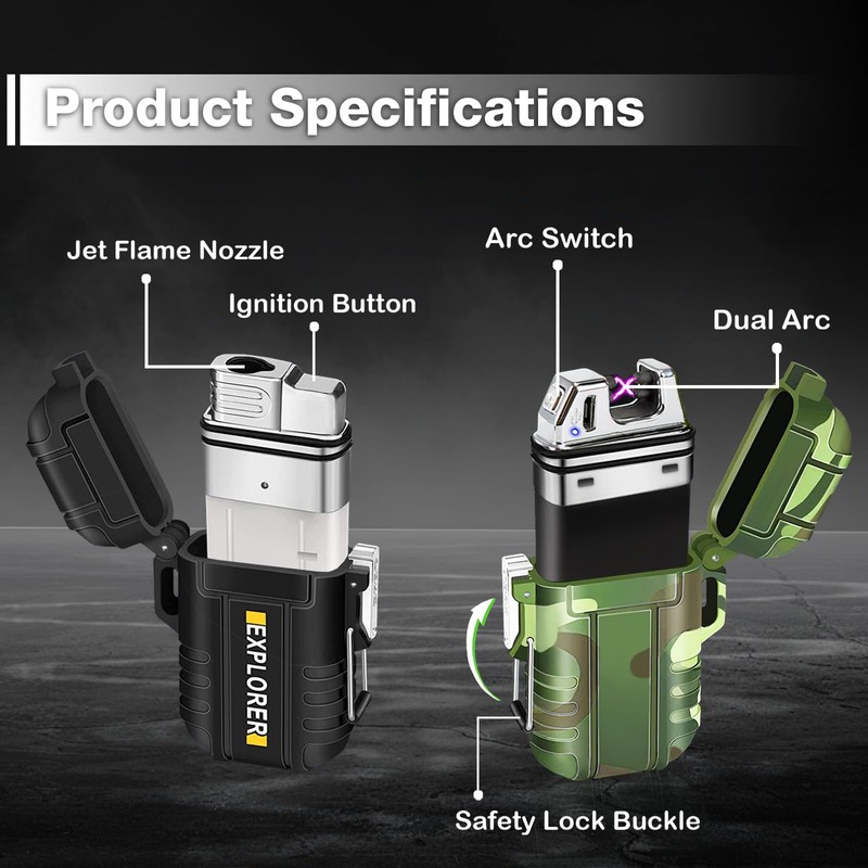 2 Pack Waterproof Lighter Outdoor Windproof Torch Lighters Dual Arc