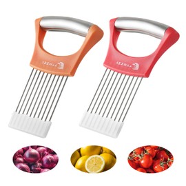 2PCS Onion Slicer Holder, XZZWLL Stainless Steel Onion Cutter for Slicing and Storage Onions, Tomato, Eggs and Vegetables, Protective Cover Included, Dishwasher Safe (Stylish Orange+ Red Color)