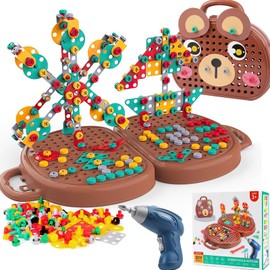 Kaxanpi Magic Montessori Play Toolbox, 204Pcs Creativity Tool Box with Drill Screwdriver Toy Set, Bear Creativity Tool Box for Kids