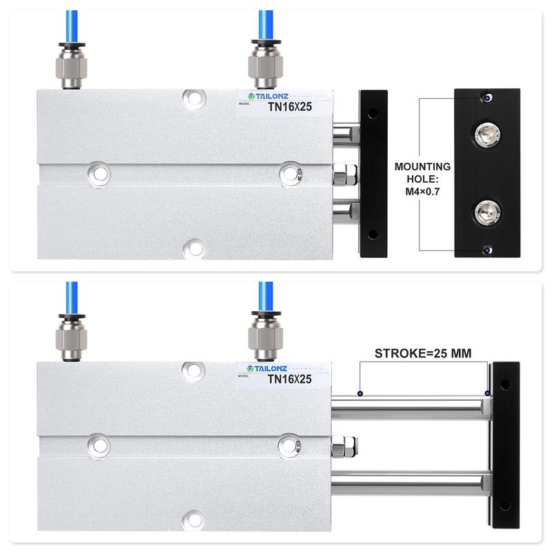 TAILONZ PNEUMATIC 16mm Bore 25mm Stroke Double-Rod Double-Acting Aluminum Pneumatic