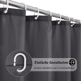 Extra-Long Shower Curtain 180 x 220 cm for Bathroom, Dark Grey Waterproof Textile Fabric Shower Curtain, Anti-Mould and Antibacterial, Washable Shower Curtain, 220 cm Long with 12 Rings