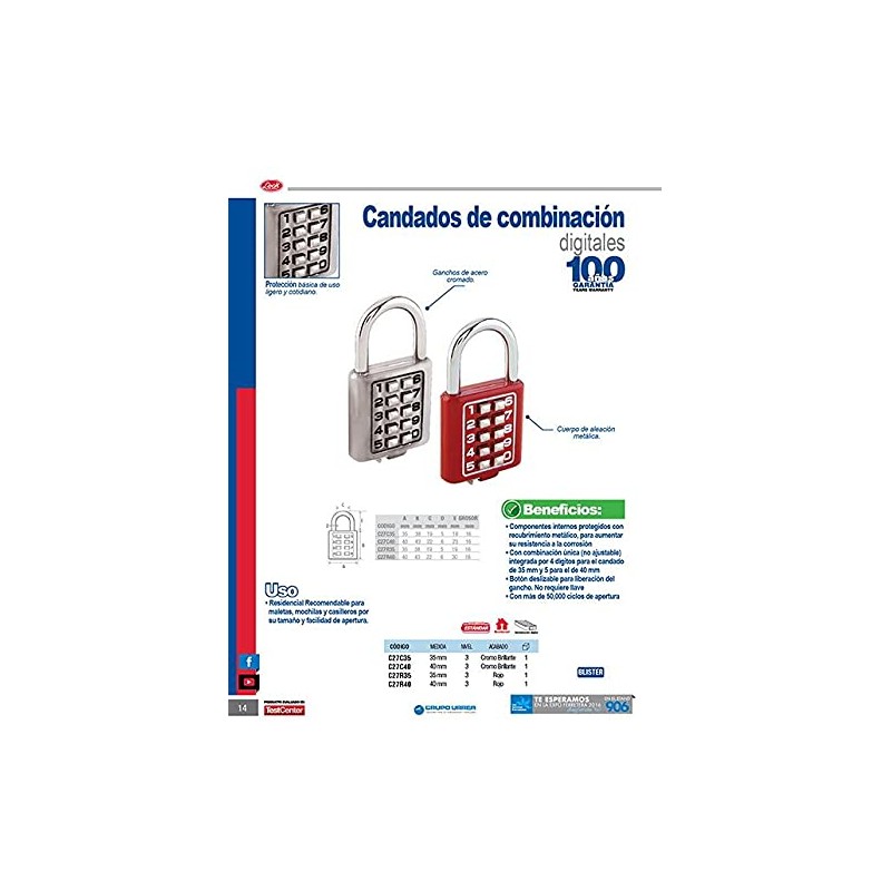 Lock C27R40 Candado de combinación, rojo, 40 mm