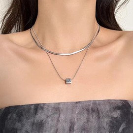 Wendalern Layered Silver Herringbone Necklace Small Cube Square Pendant Necklace Layering Thin Round Snake Chain Necklace Vintage Herringbone Chain Choker Necklace Jewelry for Women