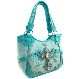 Justin West Women's Concealed Carry Angel Wings Cross Faith Hope Love Western Handbag Tote Purse (Turquoise Purse Only)