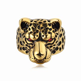 MayiaHey Golden Leopard Head Ring, Hip Hop Leopard Animal Biker Ring, Black Spotted Leopard Ring, Red Eyed Leopard Jewelry, Wild Leopard Head Ring Punk Leopard Head Animal Ring, Non-precious metal
