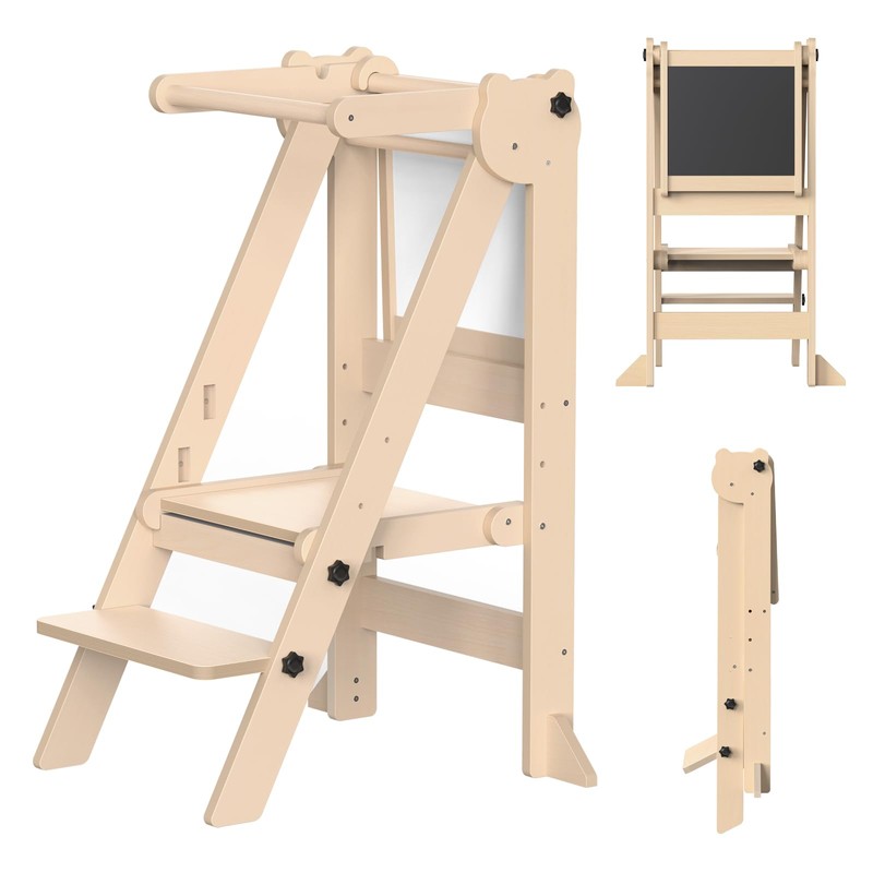 Foldable Toddler Tower, Wooden Toddler Kitchen Stool with 3 Adjustable