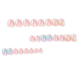 White French Tip Press on Nails Short Fake Nails with Multicolor Lines Wavy Designs Acrylic Glue on Nails Square False Nails with Glue Artificial Nails For Women Girls 24Pcs