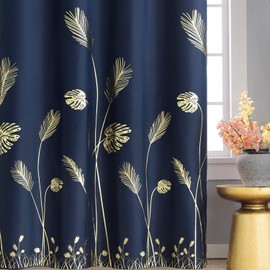 Estelar Textiler Elegant Palm Tree Leaf and Wheat Pattern Blackout Curtains Foil Print Light Blocking Window Curtain Panel Drapes for Living Room, Navy Blue, 52Wx108L, 2 Panels